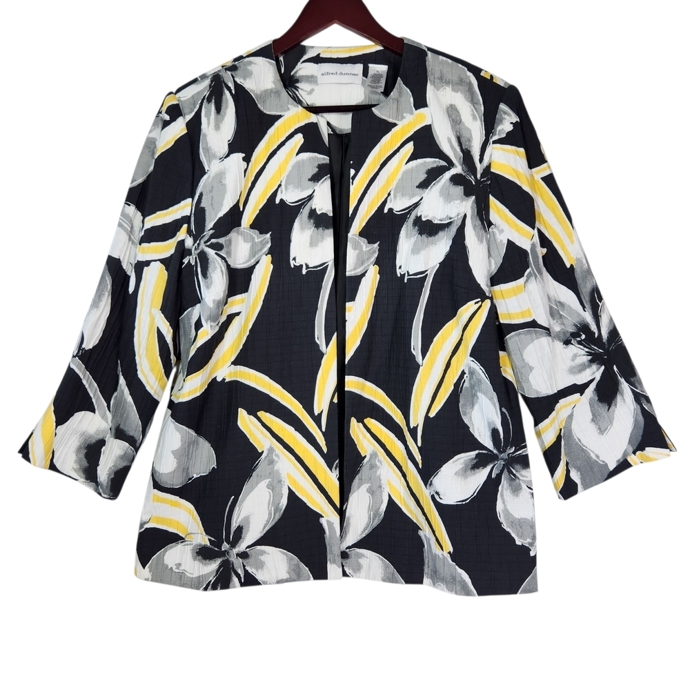 Alfred Dunner Black and Yellow Floral Open Front Blazer 3/4 Sleeve SZ 14
